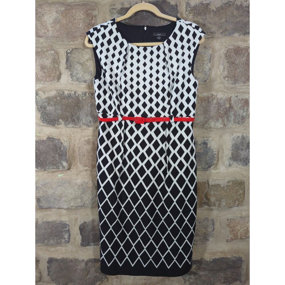 R&K Dress Size 10 Black White Diamond Print Red Belted Sheath Knee Length